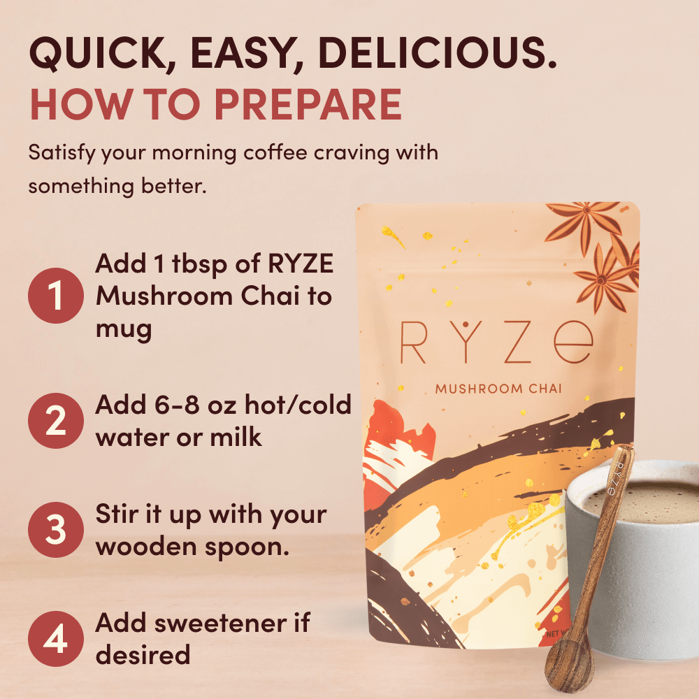 RYZE Mushroom Chai — Organic Instant Chai with Reishi & Organic Black Tea, 20 Servings W1