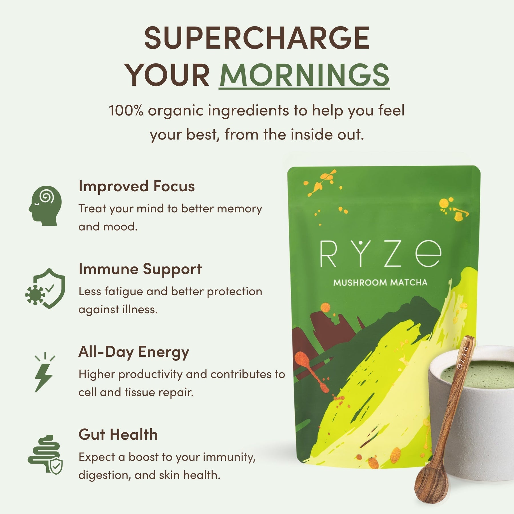 RYZE Mushroom Matcha — Organic Instant Matcha Latte with Lion's Mane & King Trumpet, 30 Servings Q6