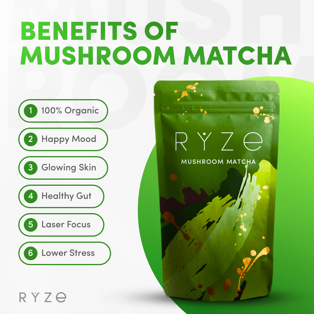 RYZE Mushroom Matcha - with 6 Organic Adaptogenic Mushrooms Grown In USA and Ceremonial-Grade Japanese Matcha C6
