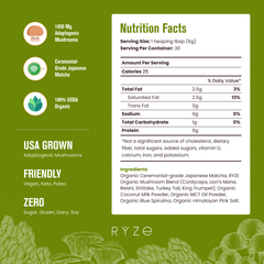 RYZE Mushroom Matcha - with 6 Organic Adaptogenic Mushrooms Grown In USA and Ceremonial-Grade Japanese Matcha C6